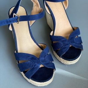 Navy blue wedge sandals.